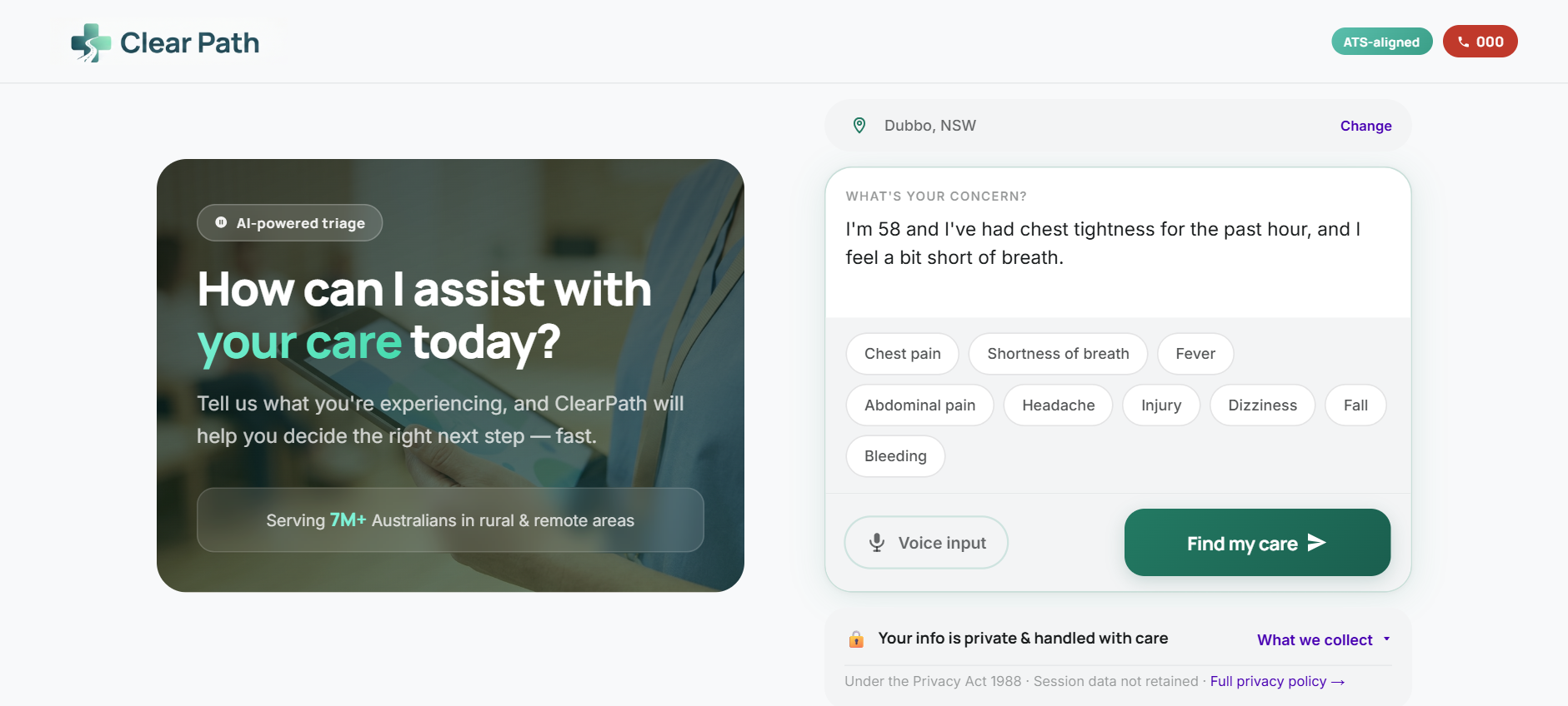 ClearPath home screen asking “How can I assist with your care today?” beside a symptom box describing chest tightness, with quick symptom chips and a Find my care button