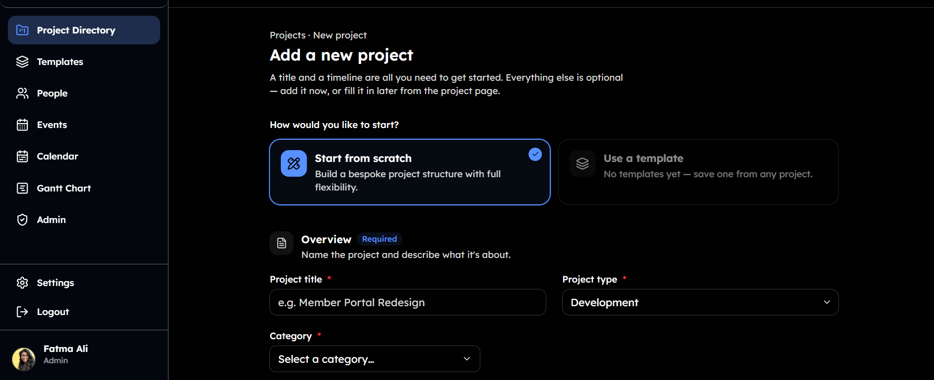 WSTI Internal Dashboard “Add a new project” page in dark mode, with a start-from-scratch or template choice and the overview form, beside the portal sidebar navigation